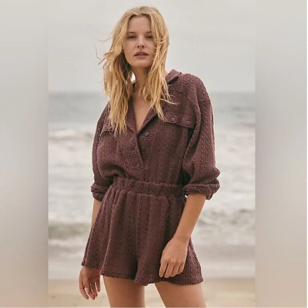 Free People Ryan Romper Shorts Crochet Open Woven Knit See Thru Plum Purple XS